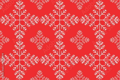 Monochrome white snowflakes seamless vector pattern Endless template Textile design wrapping paper Typography Winter holiday design Red background December mood New Year Christmas Xmas season