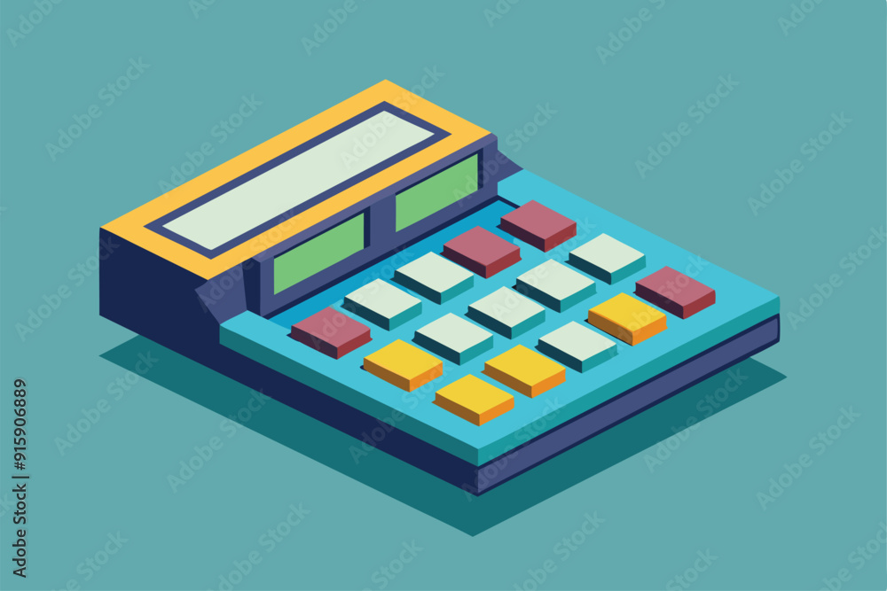 A vibrant and stylish isometric calculator design featuring customizable buttons and a clear display, set against a smooth colored backdrop A vibrant and stylish isometric calculator design featuring customizable buttons and a clear display, set against a smooth colored backdrop