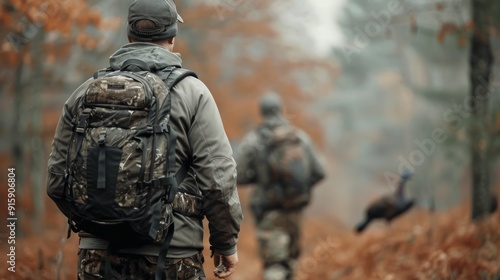 Hunter Walking Through Autumn Woods With Backpack and Turkey in Background
