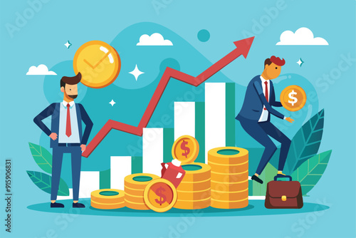 Two business professionals analyze profits and losses while observing a rising graph and stacked coins representing increasing revenue