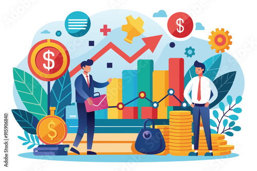Two professionals analyze graphs and charts to assess company profits and losses amidst financial symbols and colorful visuals