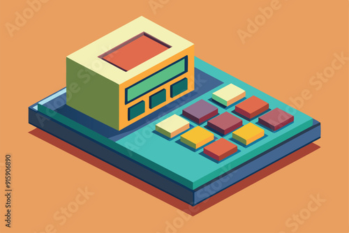 A unique isometric illustration features a customizable calculator with vibrant buttons set against a warm background
