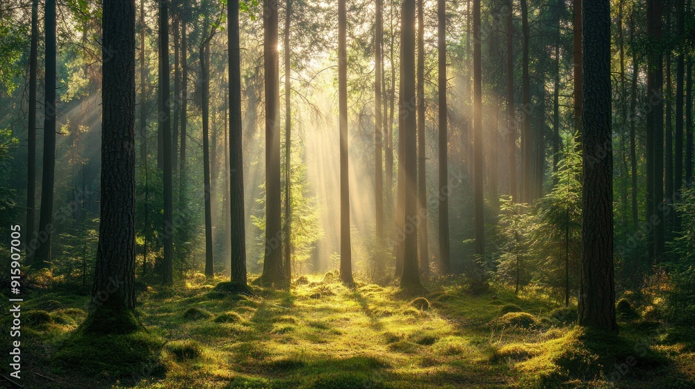 Obraz premium Sun Rays Through Forest Trees