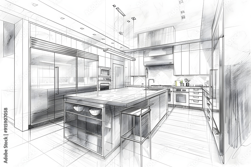 Fototapeta Modern minimalist kitchen interior sketch with island, cabinets, appliances, and contemporary architectural elements in a bright open space