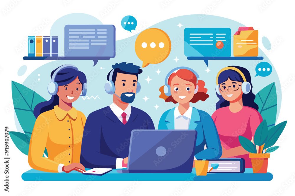 A team of four support agents assists customers with technical issues while working collaboratively at their computers A team of four support agents assists customers with technical issues while working collaboratively at their computers