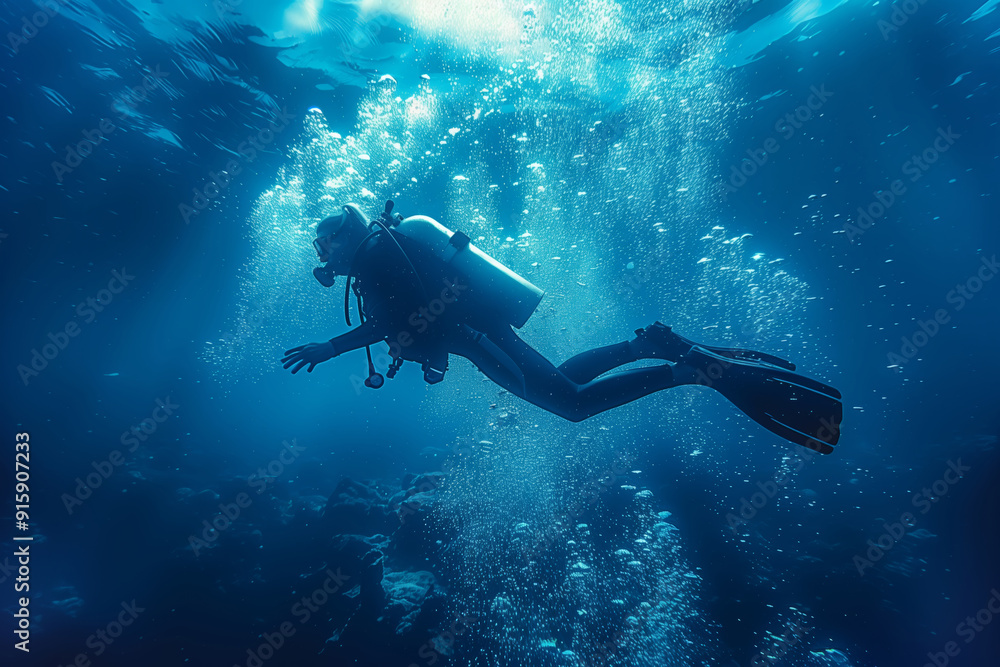 Exploring the Mysteries of the Deep Blue Sea: A Woman's Scuba Adventure at Dusk Exploring the Mysteries of the Deep Blue Sea: A Woman's Scuba Adventure at Dusk