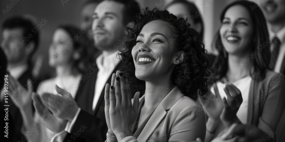 A group of people applauding together in a black and white image A group of people applauding together in a black and white image