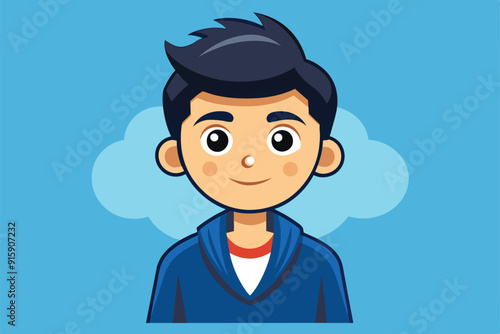 A cheerful young boy with dark hair wearing a blue hoodie smiles against a light blue background with fluffy clouds