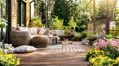 A luxurious outdoor patio with wicker furniture, plush cushions, and a wooden deck surrounded by lush greenery and colorful flowers.