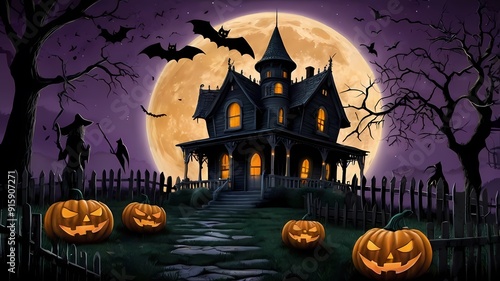 an enchanting Halloween scene with a haunted house on a hill, glowing jack-o'-lanterns, twisted trees, playful ghosts, a full moon, a witch on a broomstick, and eerie yet vibrant colours photo