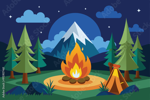 A warm campfire crackles under a starry night, with towering pine trees and majestic mountains creating a serene outdoor atmosphere