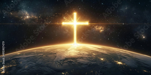 A glowing golden cross hovers over the Earth, symbolizing hope and peace in the expanse of space
