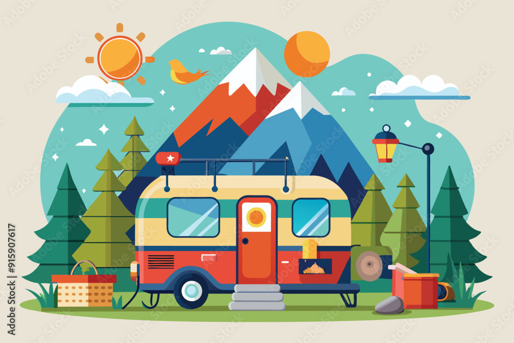 Obraz premium A vibrant caravan parked in a picturesque landscape, surrounded by mountains, trees, and a sunny sky, perfect for a camping adventure