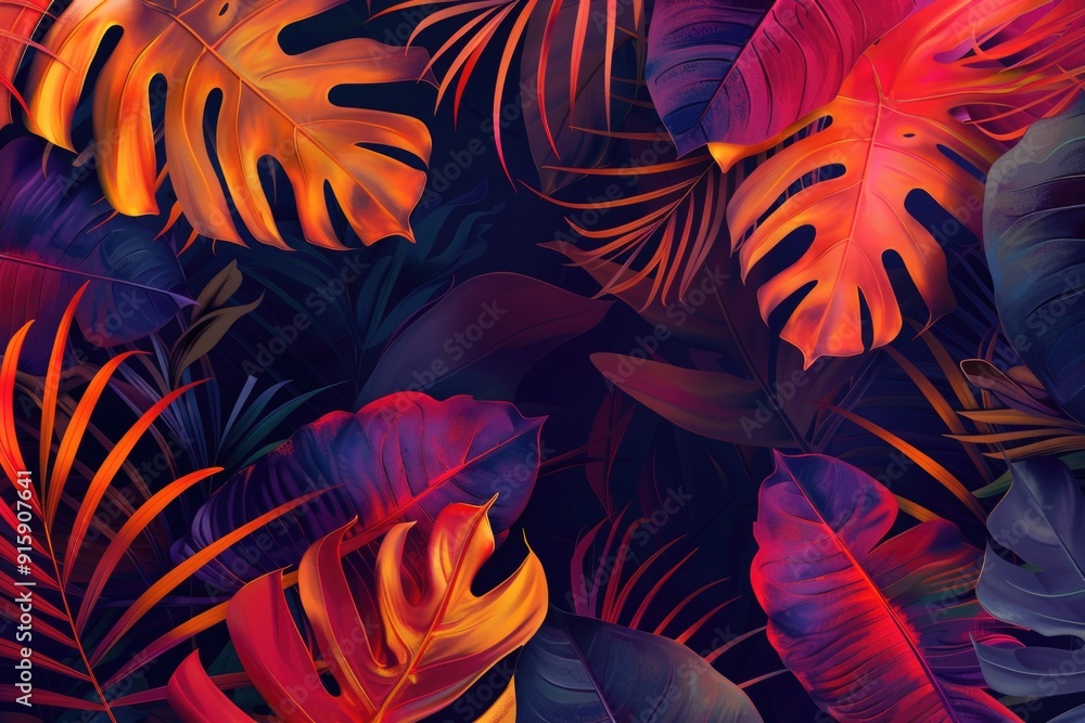 A group of colorful tropical leaves on a dark background A group of colorful tropical leaves on a dark background