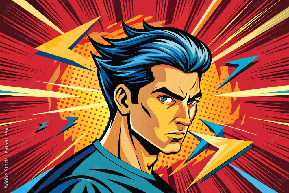 A vibrant comic art style featuring a determined character exuding energy and strength against a dynamic background of speed lines and explosive colors