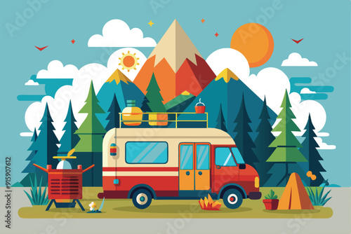 A customizable caravan parked in a picturesque mountain area, surrounded by trees, enjoying a serene camping experience under the sun