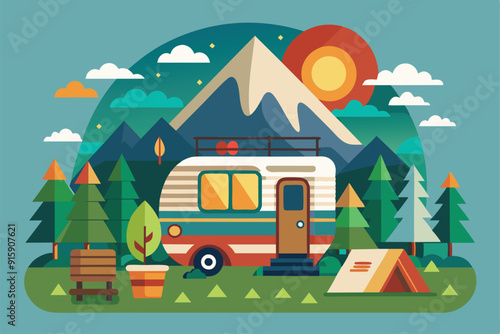 A vibrant caravan is parked amidst green trees, with a cozy tent nearby under a stunning sunset, creating a perfect camping getaway