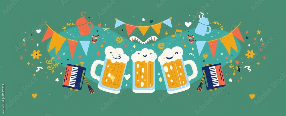 Obraz premium green background for octoberfest banner, featuring three mugs full of beer, party flags, music notes, cartoon teeth, accordion and people dancing around. 