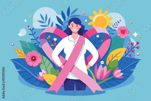 A vibrant illustration showcasing a woman standing confidently amidst colorful flowers and a pink awareness ribbon, symbolizing hope and strength