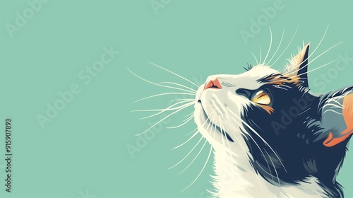 Dotted flat drawing of a cat's head looking up on a mint background with empty space for text. photo