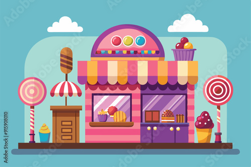 A delightful candy shop features colorful candy displays, sweet treats, and vibrant decorations, inviting passersby to indulge in sugary delights