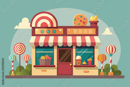 A whimsical candy shop showcases vibrant sweets and playful decor, surrounded by whimsical candy sculptures under a bright, cheerful sky