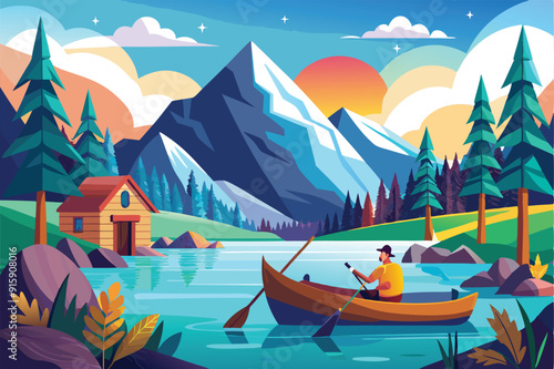 A person enjoys canoeing on a calm lake, with towering mountains and a cozy cabin in the background, under a vibrant sunset sky