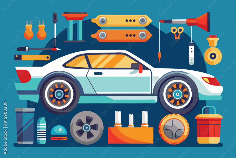 A collection of customizable car accessories and tools displayed in a vibrant and engaging flat design, perfect for enhancing vehicle aesthetics and function A collection of customizable car accessories and tools displayed in a vibrant and engaging flat design, perfect for enhancing vehicle aesthetics and function