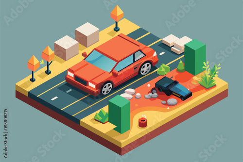 A detailed isometric illustration depicts two cars involved in a crash on a city road, surrounded by trees and landscaping elements