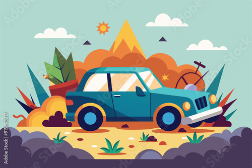 A customizable illustration depicting a car crash amidst bushes, mountains, and a bright sky, capturing the aftermath in a vibrant desert landscape