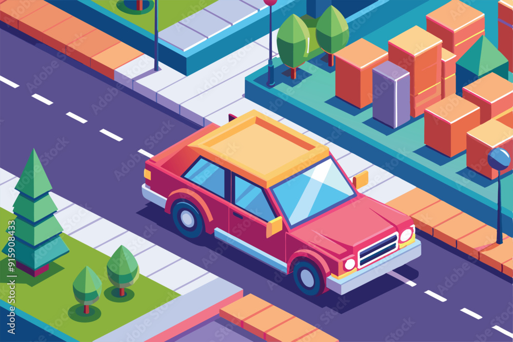 Naklejka premium A vibrant car maneuvers along a road in a colorful urban setting featuring trees and buildings under a bright sky