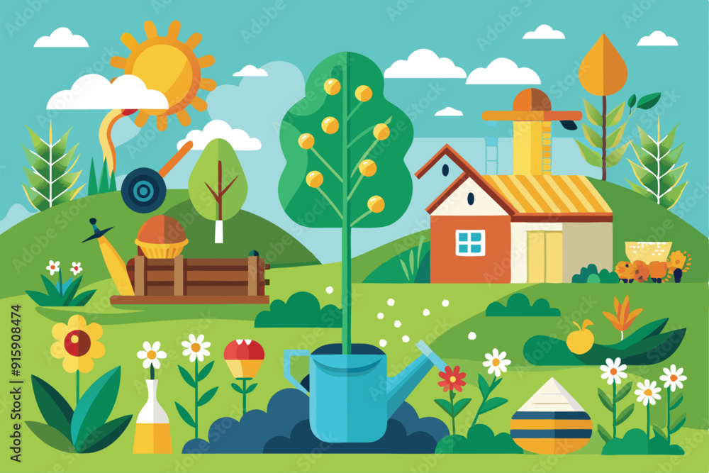 A cheerful garden scene depicts a watering can nurturing vibrant plants alongside a charming farmhouse under a bright sun A cheerful garden scene depicts a watering can nurturing vibrant plants alongside a charming farmhouse under a bright sun