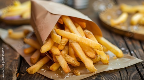 French fries close-up in a paper bag lies on a wooden table on paper. Potatoes lightly sprinkled with salt