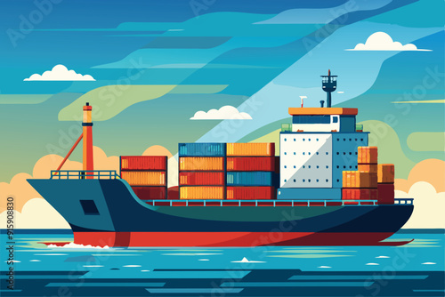 A cargo ship loaded with colorful containers sails smoothly over the ocean waters, navigating through gentle waves on a clear day