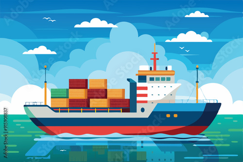 A cargo ship travels across the ocean, carrying colorful containers while navigating through calm waters beneath a bright blue sky with fluffy clouds
