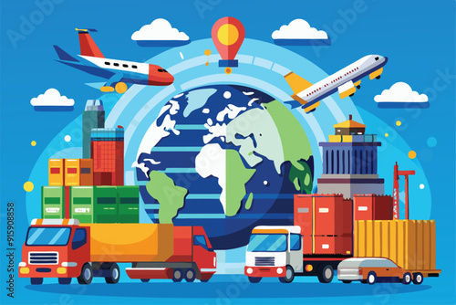Cargo transportation logistics showcases planes and trucks around the globe, emphasizing international shipping and efficient logistics management