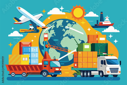 Trucks, ships, and planes facilitate cargo transportation around the world, showcasing the dynamic logistics of international trade