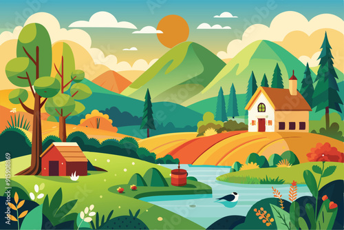 A serene countryside scene features a cozy house by a stream, surrounded by colorful trees and rolling hills as the sun sets