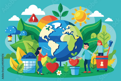 People actively participate in recycling and planting efforts while enjoying a sunny day, showcasing their commitment to caring for the environment