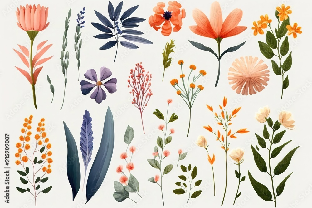 Collection of hand-drawn floral elements, perfect for designs. Collection of hand-drawn floral elements, perfect for designs.