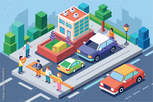 People engage in carpooling at a vibrant location, surrounded by buildings, trees, and bustling streets during daylight hours