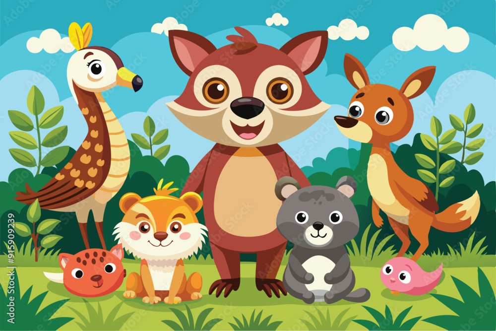 Fototapeta premium A cheerful group of cartoon animals gathers in a vibrant natural setting, basking under the bright sun and surrounded by lush greenery