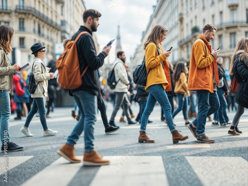 Pessoas dependentes de tecnologia caminham nas ruas hiper conectadas sem desgrudar os olhos do smartphone, preocupadas com suas redes sociais, sites de compras online e mensagens instantâneas  photo