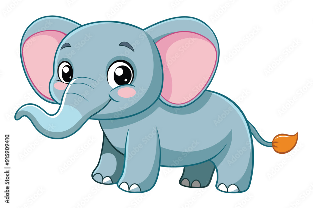 A cheerful cartoon baby elephant with big ears and a playful smile stands on a white background, radiating joy and innocence A cheerful cartoon baby elephant with big ears and a playful smile stands on a white background, radiating joy and innocence