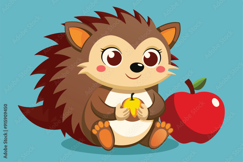 Fototapeta premium A playful baby hedgehog sits contentedly, clutching a bright red apple, surrounded by a cheerful pastel background