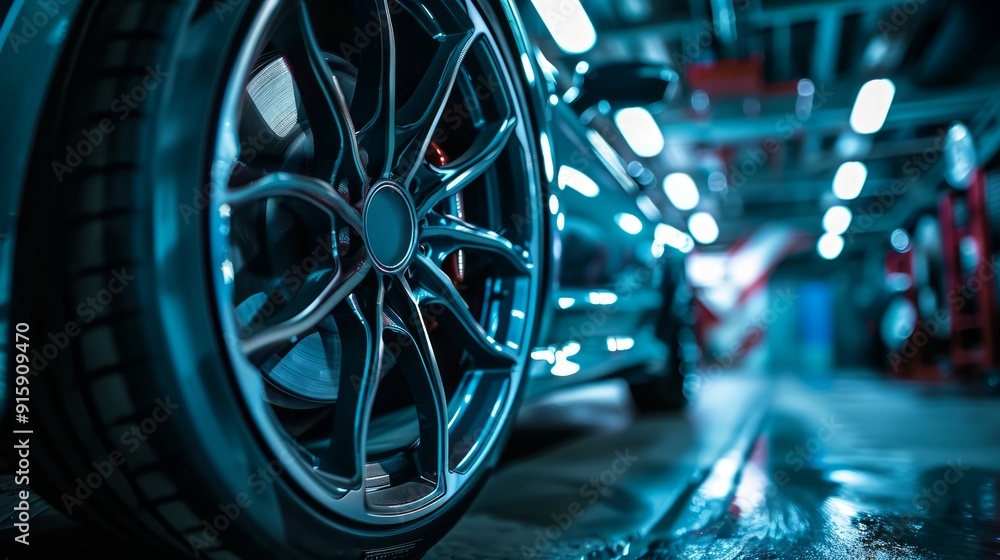 Close up of a modern car wheel rim with a shallow depth of field, emphasizing the intricate design and craftsmanship of the vehicle