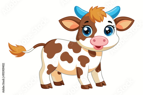 A charming cartoon baby cow with blue horns and a playful expression stands on a clean white background, radiating joy and innocence