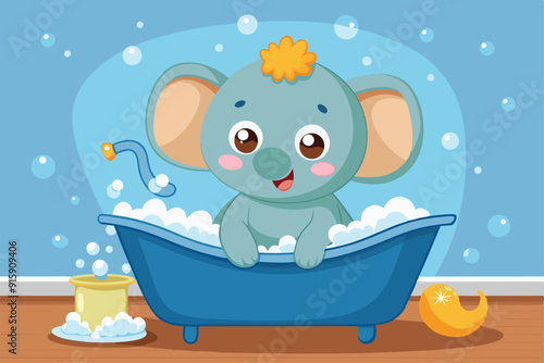 A cheerful baby elephant playfully bathes in a blue bathtub, surrounded by bubbles and bath toys, capturing the joy of a delightful bath time