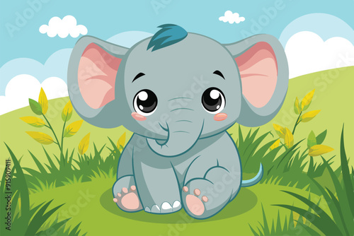 A delightful cartoon baby elephant sits in the grass, gazing playfully at its surroundings with bright eyes and a cheerful expression