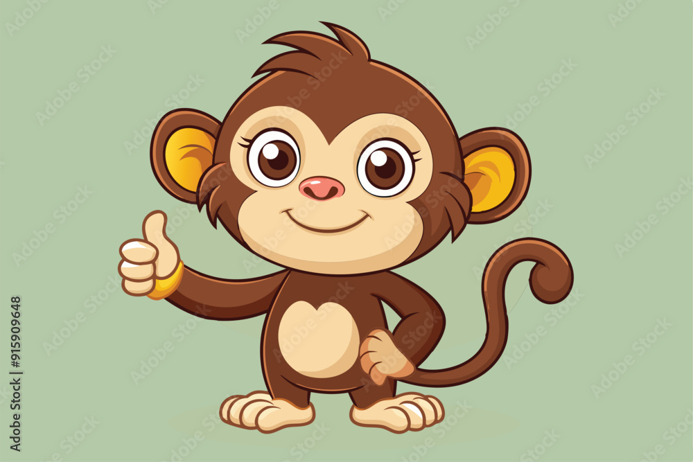 Obraz premium A charming baby monkey stands smiling, giving a thumbs up with its right hand, exuding a sense of joy and friendliness in a vibrant atmosphere